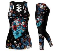 DRZHEAM Conjunto de 2 piezas de yoga para mujer, diseño de calavera de azúcar, camiseta sin mangas para el día de la mujer, leggings, ropa deportiva para niñas, Negro -, S