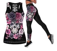DRZHEAM Mujeres 2 piezas sin mangas calaveras camisetas sin mangas y cintura alta yoga leggings gimnasio trajes ropa deportiva ropa deportiva…, negro-1, S