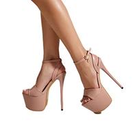 DSAI Sandalias sexys de verano con parte inferior gruesa y correa estrecha para mujer, correa de hebilla para discoteca, tacones altos, albaricoque, 41