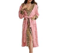 DSAoTeng Bata de baño de felpa con capucha y estampado de leopardo para mujer, bata larga de franela de forro polar suave con cuello en V y cinturón, diseño de corazón rosa, jacquard, acogedora ropa