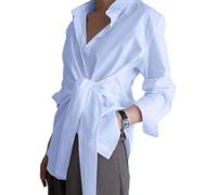 DSAoTeng Blusa holgada de manga larga con botones y lazo en la cintura para mujer, estilo casual, color liso, cuello en V, solapa para uso diario en el trabajo, azul claro, M