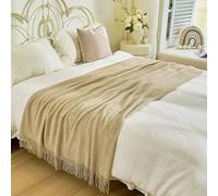 DSAoTeng Camino de cama de punto bohemio, manta tejida texturizada con borlas, bufanda decorativa suave para cama, sofá, funda ligera para dormitorio, hotel, oficina, camping, siesta (Kahki, para cama