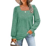 DSAoTeng Camisas de manga larga con cuello cuadrado para mujer, ajuste holgado, manga abombada, a la moda, casual, blusas elegantes para otoño para uso diario, Lago Verde, XL