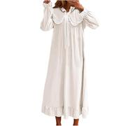 DSAoTeng Camisones largos de satén de manga larga para mujer, con lazo, ribete de encaje, cuello de muñeca, estilo vintage, para descansar sobre la rodilla, ropa de dormir para el hogar, blanco, M
