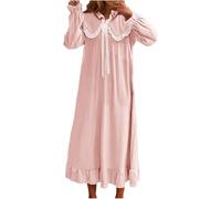 DSAoTeng Camisones largos de satén de manga larga para mujer, con lazo, ribete de encaje, cuello de muñeca, estilo vintage, para descansar sobre la rodilla, ropa de dormir para el hogar, rosa, XL