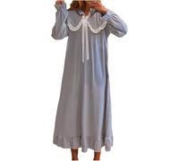 DSAoTeng Camisones largos de satén de manga larga para mujer, con lazo, ribete de encaje, cuello de muñeca, estilo vintage, para descansar sobre la rodilla, ropa de dormir para el hogar, azul, XXL