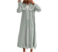 DSAoTeng Camisones largos de satén de manga larga para mujer, con lazo, ribete de encaje, cuello de muñeca, estilo vintage, para descansar sobre la rodilla, ropa de dormir para el hogar, verde, M