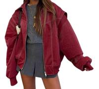 DSAoTeng Chaqueta bomber de cuero de gran tamaño con cremallera para mujer, estilo motociclista, estilo vintage, estilo motociclista, rosso, L