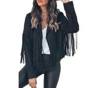 DSAoTeng Chaqueta vintage de gamuza de manga larga con borlas, estilo vaquero de imitación occidental con flecos, ropa exterior para trajes de otoño e invierno, Negro, XL