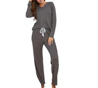 DSAoTeng Conjunto de pijama de 2 piezas con cuello en V para mujer, conjunto de pijama de color liso para otoño e invierno, camiseta de manga larga y pantalones con cordón, ropa elástica suave para