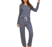 DSAoTeng Conjunto de pijama de 2 piezas con cuello en V para mujer, conjunto de pijama de color liso para otoño e invierno, camiseta de manga larga y pantalones con cordón, ropa elástica suave para