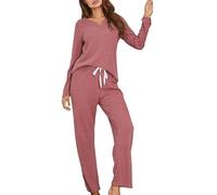 DSAoTeng Conjunto de pijama de 2 piezas con cuello en V para mujer, conjunto de pijama de color liso para otoño e invierno, camiseta de manga larga y pantalones con cordón, ropa elástica suave para