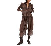 DSAoTeng Conjunto de pijama de 2 piezas con ribete de encaje para mujer, Y2K, encaje hueco, lazo frontal, cuello en V, manga corta, conjunto de ropa de descanso con volantes, ajuste holgado