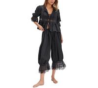 DSAoTeng Conjunto de pijama de 2 piezas con ribete de encaje para mujer, Y2K, encaje hueco, lazo frontal, cuello en V, manga corta, conjunto de ropa de descanso con volantes, ajuste holgado