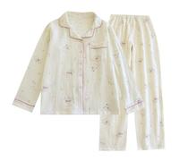 DSAoTeng Conjunto de pijama de gasa de algodón para mujer, estampado de gato lindo de primavera y otoño, ropa de dormir de muselina de doble capa, manga larga, con botones, pantalones de pierna ancha