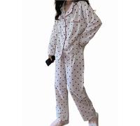 DSAoTeng Conjunto de pijama de manga larga para mujer, diseño de corazón de seda de leche, con botones, solapa, ropa de dormir de dos piezas, pijama de otoño para uso al aire libre en el hogar y todas