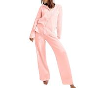 DSAoTeng Conjunto de pijama de muselina para mujer, ropa de dormir de gasa de algodón con solapa, manga larga, pantalones de pijama ligeros con bolsillos, transpirable, para todas las estaciones, para