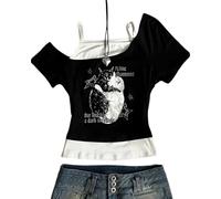 DSAoTeng Emo Grunge - Camisas falsas de dos piezas para mujer, camiseta de verano con estampado gótico Y2K, diseño punk, corte entallado, camiseta de manga corta para ropa de calle, estilo gótico, uso