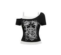 DSAoTeng Emo Grunge - Camisas falsas de dos piezas para mujer, camiseta de verano con estampado gótico Y2K, diseño punk, corte entallado, camiseta de manga corta para ropa de calle, estilo gótico, uso