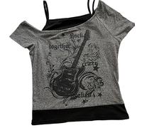 DSAoTeng Emo Grunge - Camisas falsas de dos piezas para mujer, camiseta de verano con estampado gótico Y2K, diseño punk, corte entallado, camiseta de manga corta para ropa de calle, estilo gótico, uso