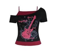 DSAoTeng Emo Grunge - Camisas falsas de dos piezas para mujer, camiseta de verano con estampado gótico Y2K, diseño punk, corte entallado, camiseta de manga corta para ropa de calle, estilo gótico, uso