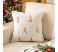 DSAoTeng Fundas de almohada decorativas con estampado de árbol de invierno, funda de cojín de felpa de conejo sintético vintage bordada de lámina dorada, funda de cojín suave y esponjosa, decoración