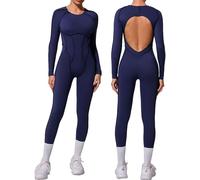 DSAoTeng Overol de manga larga para mujer, cuello redondo, espalda descubierta, sexy, entallado, fruncido, ropa deportiva atlética para yoga, correr, azul marino, S