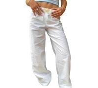 DSAoTeng Pantalones a rayas para mujer, cintura alta, sueltos, de pierna ancha, a la moda, informales, con cordón, ropa de calle, pantalones deportivos, blanco, M