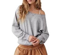 DSAoTeng Sudadera de manga larga con hombros descubiertos para mujer, cuello barco, manga raglán, holgada, lisa, informal, de gran tamaño, para otoño y uso diario, gris claro, S