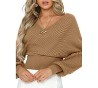 DSAoTeng Suéter corto de manga larga con cuello en V para mujer, cruzado, hombros descubiertos, casual, color sólido, suéter de punto para otoño y primavera, marrón, L