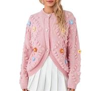 DSAoTeng Suéter de punto de manga larga con estampado floral para mujer, hecho a mano, suéter de ganchillo, informal, a la moda, bordado de flores 3D, abrigo de punto para otoño e invierno, rosa,