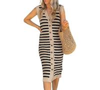 DSAoTeng Vestido de suéter a rayas para mujer, bonito vestido de punto sin mangas, cuello en V, vestido midi casual con botones de bloques de color, acanalado, largo sin mangas para oficina, fiesta,