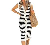 DSAoTeng Vestido de suéter a rayas para mujer, otoño, lindo, sin mangas, cuello en V, cárdigan, vestido midi casual, botones, bloques de color, acanalado, vestido largo para oficina, fiesta, formal,