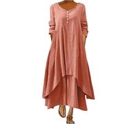 DSAoTeng Vestido largo de lino para mujer, holgado, liso, con cuello en V, acampanado, estilo bohemio, casual, elegante, étnico, talla grande, manga 3/4, para vacaciones, playa, fiesta, rosa, L