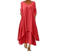 DSAoTeng Vestido largo de lino para mujer, holgado, liso, con cuello en V, acampanado, estilo bohemio, casual, elegante, étnico, talla grande, manga 3/4, para vacaciones, playa, fiesta, rosso, 3XL