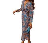 DSAoTeng Vestido largo de manga larga con cuello en V y estampado vintage para mujer, elegante, casual, bohemio, elegante, floral, para otoño, para fiesta, azul oscuro, 3XL