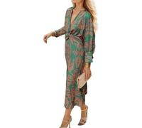 DSAoTeng Vestido largo de manga larga con cuello en V y estampado vintage para mujer, elegante, casual, bohemio, elegante, floral, para otoño, para fiesta, verde, 3XL
