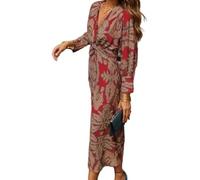DSAoTeng Vestido largo de manga larga con cuello en V y estampado vintage para mujer, elegante, casual, bohemio, elegante, floral, para otoño, para fiesta, rosso, XL