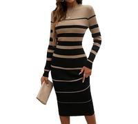 DSAoTeng Vestido midi de punto de manga larga para mujer, diseño de bloques de color, a rayas, ajustado, a la moda, casual, acanalado, para otoño e invierno, oficina, trabajo, Negro, M