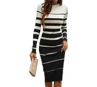 DSAoTeng Vestido midi de punto de manga larga para mujer, diseño de bloques de color, a rayas, ajustado, a la moda, casual, acanalado, para otoño e invierno, oficina, trabajo, blanco, S