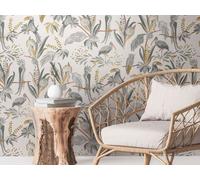 Dschungeltapete Con Palmblättern & Pájaros En Aspecto de Lino - Gris, Oro