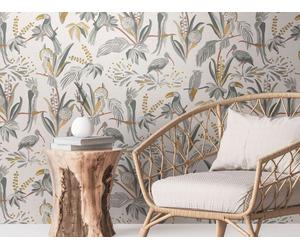 Dschungeltapete Con Palmblättern & Pájaros En Aspecto de Lino - Gris, Oro