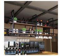 DSeenLeap Botellero Colgante con Soporte para Copas y Estante, botellero de Techo con barandilla, portabotellas Industrial (Negro, 140 x 30 x 80 cm)