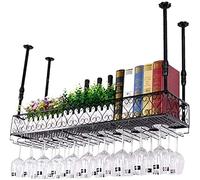 DSeenLeap Botellero Colgante con Soporte para Copas y Estante, Estilo Europeo, de Hierro, Vintage, para Restaurante, decoración de Techo (Negro, 50 x 25 cm)