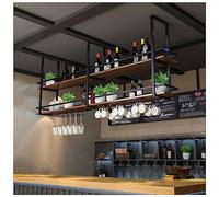 DSeenLeap Botellero Industrial de Techo con Soporte para Copas y Estante, de Madera de 2 Niveles, Multifuncional (Negro, 100 x 30 x 80 cm)