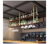 DSeenLeap Botellero Industrial de Techo con Soporte para Copas y Estante, de Madera de 2 Niveles, Multifuncional (Dorado, 140 x 30 x 80 cm)