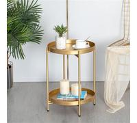 DSeenLeap Mesa Auxiliar Redonda de Metal de Dos Niveles, Mesa Auxiliar Redonda con Bandeja extraíble, Mesa Auxiliar para sofá, Mesa Auxiliar de Centro (Dorada)