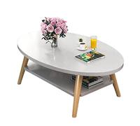 DSeenLeap Mesa de Centro Ovalada de Dos Niveles, Mesa de Centro Ovalada de Madera con estantes Abiertos, Mesa Auxiliar Moderna para sofá con Patas de Madera Maciza (Blanco B 100 x 50 x 42 cm)