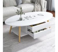 DSeenLeap Mesa de Centro Ovalada de Madera, Moderna, de 2 Niveles, con estantes Abiertos para Almacenamiento y exhibición, 2 cajones (Blanco, 120 x 60 x 42 cm)