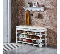 DSeenLeap Zapatero de 3 Niveles con cojín de Cuero con mechones, Banco para Zapatos de Madera Vintage con Estante, Banco para Guardar Zapatos en la Entrada (Blanco, 3 Niveles, 39 x 14 x 23 Pulgadas)